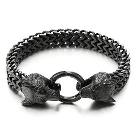 COOLSTEELANDBEYOND Mens Black Wolf Head Steel Franco Link Curb Chain Bracelet with Spring Ring Clasp 8.7 Inch(CA)