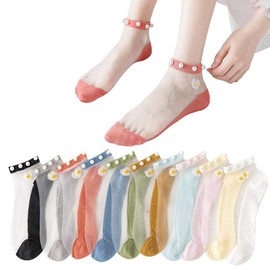 Enfudid 10 Pairs Women Socks Summer Cass Glass Stockings Daisy Translucent Tulle Socks Pearl Mesh Patchwork Socks