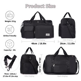 FIORETTO Womens Mens Sports Gym Bag Duffle Bag with Shoes Compartment, Weekend Travel Bag Overnight Bag for Women, Foldable Water Resistant Holdall Hospital Bag For Swimming, Basketball Black