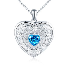 MicLee Heart Locket Necklaces for Women Girl 925 Sterling Silver Memory Lockets Pendants Creative Flower Engraving Photo Necklace with Blue Zircon