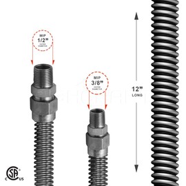Highcraft GUHD-TT14-12E Gas Line Hose 3/8'' O.D. x 12'' Length with 1/2 in. x 0.38 in. MIP Fitting, Uncoated Stainless Steel Flexible Connector, 12 Inch