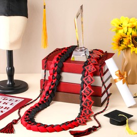 Suncalla 22 Pcs Graduation Leis 2025 Graduation Ribbon Lei Necklace Decorations with Letter Wooden Pattern for Grad(Red and Black)