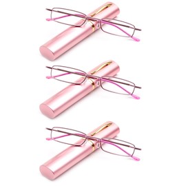 3 Packs Pocket Readers Ultra Slim Compact Reading Glasses Spring Temple w/ Portable Pocket Clip Aluminum Case Pink +2.50
