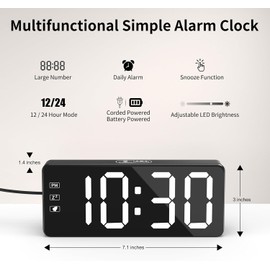 KWANWA Digital Alarm Clock with Large LED Display, Brightness Adjustable, 12/24h Format, Easy Operation, Mains Operated Including Adapter, Perfect Bedside Clock for Home, Office, Travel (White Display