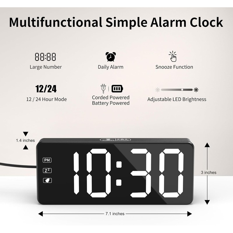 KWANWA Digital Alarm Clock with Large LED Display, Brightness Adjustable,