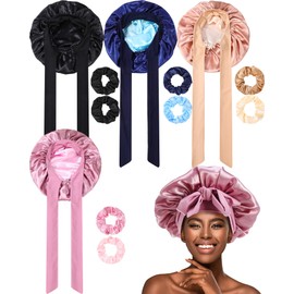 JaGely 4 Pcs Satin Bonnet for Women Tie Hair Bonnet for Sleeping Large 2 Layered Silk Sleeping Cap for Sleeping with 8 Pcs Hair Scrunchies Silk Sleep Cap Double Layer Satin Bonnets for Women