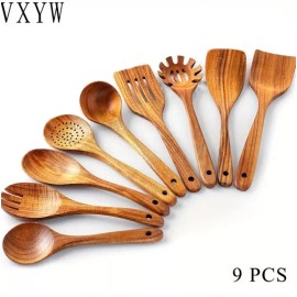 XY Teak PREMIUM Wooden Kitchen Cooking Utensils, Spatula, Spoons Complete 9pc Set