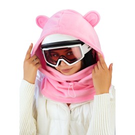 Pink Fleece Helmet Hood with Ears - Warm Balaclava Over Helmet - Snowboard Hooded Gaiter Ski Mask