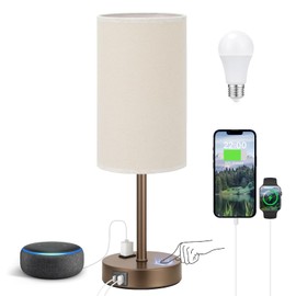 Fenmzee Touch Table Lamp - Beige, 3-Way Dimmable, USB A + C Charging, AC Outlet, 17.4inch Medium, Brown Metal Base