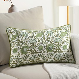 CPC Agate Green 100% Cotton Block Print Sham Cover 12x20 inch, Handmade Boho Floral Pillowcase, Farmhouse Cottagecore Bedding, Soft Decorative Cushion Cover for Bedroom Décor