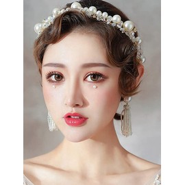 JWICOS Black Bridal Headband Pearl Tiara for Women Rhinestone Wedding Hair Accessories for Brides and Bridesmaid Headpieces for Prom Pageant Birthday Party (Black)