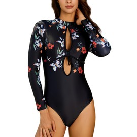 Ausing Women's One Piece High Cut Bathing Suit Long Sleeve Back Zip Rash Guard Tummy Control Swimsuits Hollow Out Prints Swimwear Stylish Black L