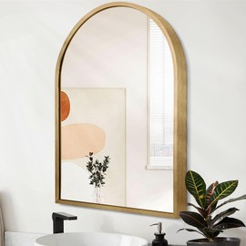 HLFMVWE Wall Mirror Arched Bathroom Mirrors, Aluminum Alloy Frame Hanging Vanity Mirror for Living Room Bedroom Entryway Vanity, Brushed Metal Framed Wall Mounted Mirror Gold 16"x12"