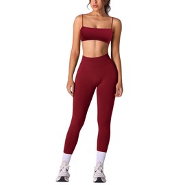 ABOCIW Workout Sets for Women Seamless High Waist Scrunch Butt Lifting Gym Leggings Bandeau Strappy Sports Bra 2 Piece Yoga Outfits Work Out Clothes Wine Red Small