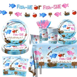 GREHUMOR Gone Fishing Gender Reveal Party Tableware 142Pcs Fish She or Fish He Gender Reveal Disposable Tablecloth,Plates,Napkins,Cups,Forks and Knives for Baby Shower Decoration of Gender Reveal