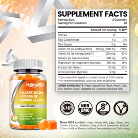 HOLLEGEND Calcium 1200 mg with Vitamin D3 Gummies, Calcium Citrate Chewables with Magnesium Zinc Vitamin K2 Boron, Bone Health, Sugar Free, 60 Count
