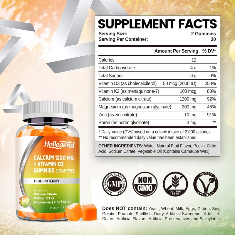 HOLLEGEND Calcium 1200 mg with Vitamin D3 Gummies, Calcium Citrate