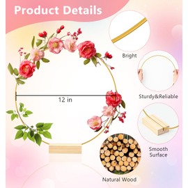 Hollyfly 12 Inch 10 Sets Metal Floral Hoop Centerpiece with Wood Stands, Gold Metal Rings for Christmas Party Dream Catcher Wedding Table Wreath Decor, Wall Hanging Wreaths