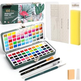 LEKOU Acuarela Profesional 100 Colores, Juego Pintura Acuarela Portátil Con Caja Metálica, Kit De Pintura Acuarela Con Pinceles, Paleta, Papel De Acua