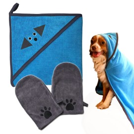 Penny & Niko Multi Purpose Microfiber Pet Towel and Mitt Set - Cat, Dog Drying Towel/Hooded Robe and Paw Cleaning Gloves - 30x30 inches - Blue Towel/Gray Mitt Set