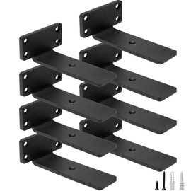 HITOMEN Heavy Duty Floating Shelf Brackets, 5-Inch (1/5'' Thick) Hidden Shelves Hardware, Iron L Brackets, Rustic Industrial Black Metal Wall Shelving Supports, 8 Pack