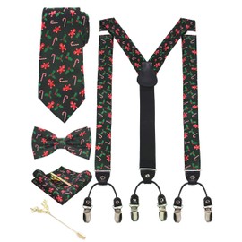 Jemygins Men's Christmas Braces in Silk 3.5 cm Y Shape and Length Adjustable Braces Wide with 6 Strong Clips and Tie Hanky Set in Gift Box - m