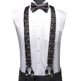 GUSLESON Mens Christmas Bow Tie and Suspenders Holiday Festival Theme Y Shape Santa Braces Pocket Square Set with Gift Box (0107-01)