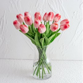 Peach Color Tulips Artificial Flowers with Vase, 15 Pcs Faux Tulip Stems in Vase, Real Feel PU Flowers Arrangement Suitable for Kitchen Living Office Spring Decor, Centerpiece Table Decorations