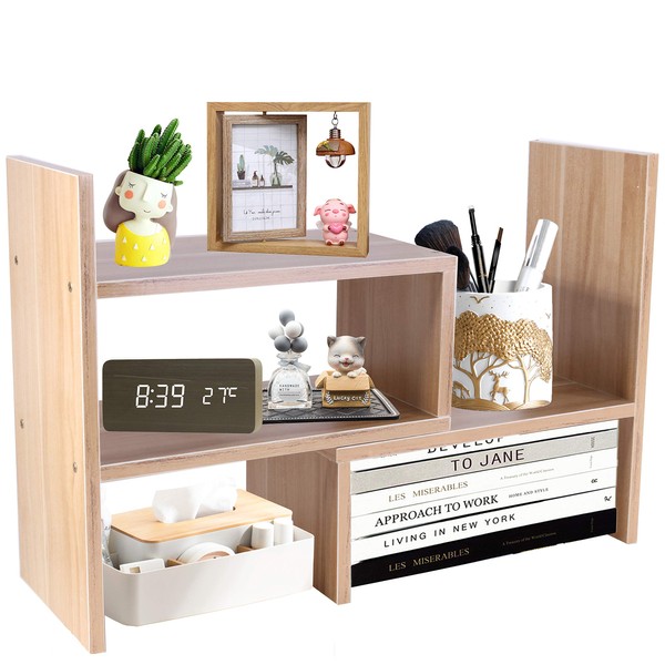PENGKE Office Storage Rack Desktop Organizer,Home Decor Adjustable Wood Display Shelf,Birthday Gifts,True Natural Stand Shelf,Light Brown