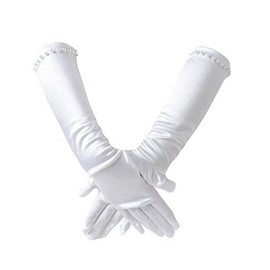Ever Fairy Girls Classic White Wedding Dress Pearl Embroidery Gloves - White
