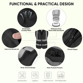 TICONN Reflective Safety Vest High Visibility Class II Mesh Vest for Women & Men Meets ANSI Standards (1PK, Black, M)