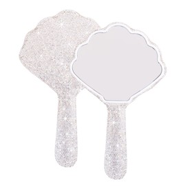 Framendino, 1 Pack Rhinestone Handheld Mirror Bling Cosmetic Dazzling Portable Hand Mirrors for Women Traval Lash Shell Shaped Silver
