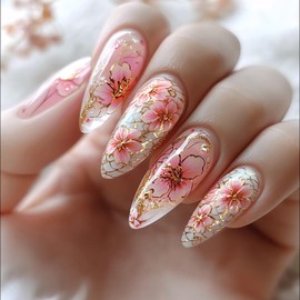 LOPMNGHT Flower False Nails Almond Press on Nails Medium Length Pink Peach Blossom Pattern Design Full Cover Glossy Artificial Stick on Nail 24Pcs Floral Press Ons Glue on Nail for Women Manicure
