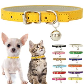 Gold Cat Collar with Bell, Soft Pu Leather Small Dog Collars Adjustable Buckle for XXS XS Extra Small Medium Tiny Female Male Boys Girls Pets Puppy Kitten Teacup Yorkie XX-Small