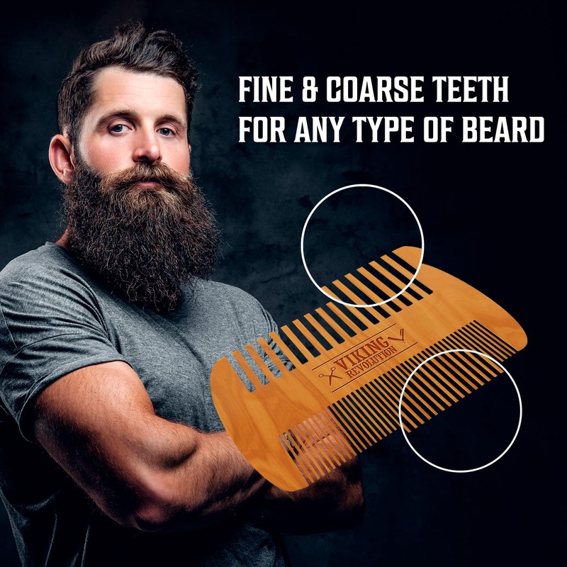 Viking Revolution Wooden Beard Comb & Case, Dual Action Fine