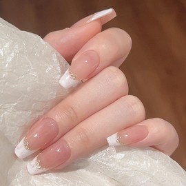 Pure Handmade Nails Press on Nail Reusable Fake Nails White GoldLine French Nude Medium Stick on Nails French Tip False Nails 10pcs (S, Q285)