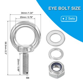 PATIKIL M8 x 25mm Eye Bolt with Nut, 2 Pack 304 Stainless Steel Lifting Shoulder Eyebolt Lift Thread Screws for Hanging, Silver