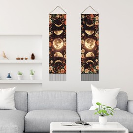 SUPERDANT Tapestry with Moon Phases Moon Flowers Wall Art Tapestry Wall Blanket Long Tapestry Wall Hanging 2 Pieces Tapestries with Tassel for Living Room Bedroom Dorm Background Decor