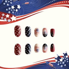 4th of July Press on Nails Short Fake Nails USA Flag Stars Design Glue on Nails Red Blue Independence Day Patriotic Full Cover Stick on Nails Oval False Nails with Glue Acrylic Nails for Women 24Pcs