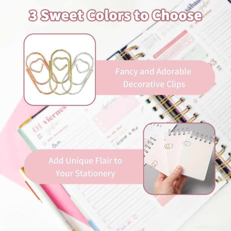 GUTE Heart Paper Clips 210Pcs 3 Colors Stainless Steel Office