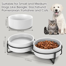 Ceramic Dog and Cat Bowl Set with Stand, 1.7 Cups Dog Food and Water Bowl Suitable for Small and Medium Pets (13.5oz White)