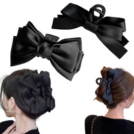 Orelisse Hair Claw Ribbon, Bowknot, Large, Large Hair, Black, Set of 2, Hair Clip, Adult Cute, Women's, Hair Claw France Clip, Firm, Hair Clip, Simple, Perfect for Office, Strong, Large, Firm, High