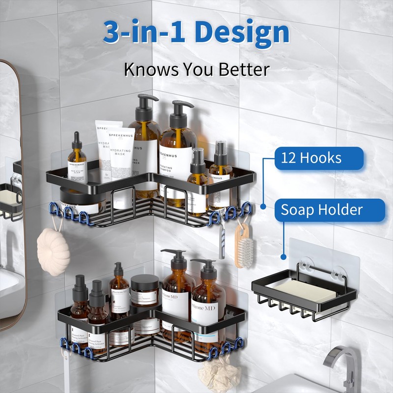 YASONIC Corner Adhesive Shower Caddy, with Soap Holder and 12
