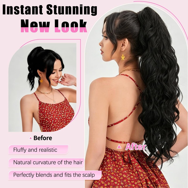 LRSICAL Ponytail Extension, Claw Clip Ponytail Extensions Long Wave Black