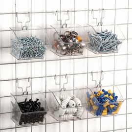 AceOrbit 6 Pack Grid Wall Bins with Hooks, Clear Plastic Grid Wall Baskets Panels Bins Organizers Wire Shelves Holders Gridwall Accessories for Organizing Storage Display Kitchen Home Office Bathroom