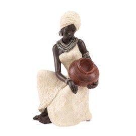 Deco 79 Polystone Woman Sitting African Sculpture with Red Water Pot, 6" x 6" x 10", Cream