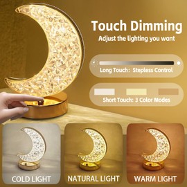 Piker Moon Table Lamp, 3 Color Modes and Stepless Dimmable Touch Control Rechargeable Night Light, Crystal Lamp for Bedroom Nightstand Living Room Desk Home Decor