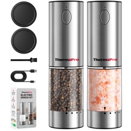 ThermoPro Upgraded Larger Capacity Electric Salt and Pepper Grinder Set, Rechargeable Salt and Pepper Shakers with External Adjustment, Stainless Steel Auto Salt Grinder with Dust Cover & LED lights