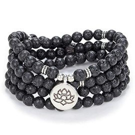 oasymala Chanting Mala Prayer Beads 108 Necklace Bracelet for Meditation with Tiny Lotus Flower Charm (Black Lava Stone)