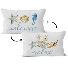 HIWX Coastal Throw Pillows,Coastal Pillow Covers,Nautical Beach Decorative Throw Pillow Cover,Nautical Pillows,Nautical Beach House Bed Room Decor 12 x 20 Inch Reversible Pillowcase（White-2）